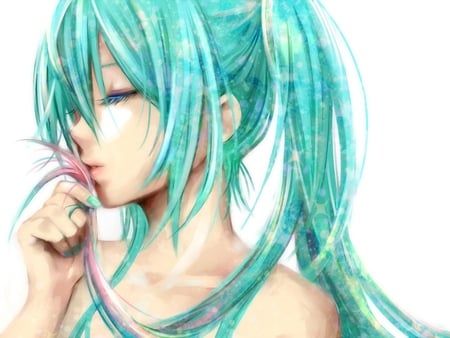 Hatsune Miku - pretty, artistic, pink, nice, program, hot, beauty, virtual, cg, drawing, white, cute, aqua eyes, song, sexy, vocaloid, anime, twintail, hatsune miku, music, aqua, closed eyes, art, idol, anime girl, beautiful, singer, girl, cool, black, miku, awesome, diva, painting, digital, aqua hair, hatsune, vocaloids