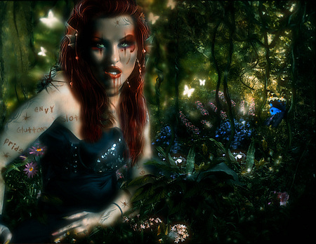 mother nature's fantasy garden  (paradice eden) - woman, redhead, bluebells, bloom, butterflys eden, fantasy, weird, deadly knightshade, green, toxic, vines, spider, blood, sins, bleed, nature, forest, red, blue, twilight, wonderfull, starrayne, new