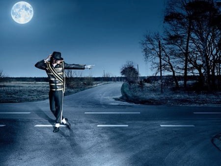 michael jackson - hat, moon, icon, trees, dancer, evening, singer, night, cool, man, moonwalk, cg, king of pop, entertainer, 3d, sky