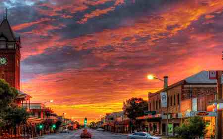 red sky at sunset - nature, houses, street, red, sunset