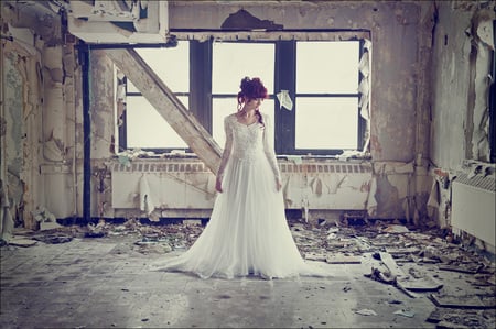 Susan Coffey - wedding dress, beautiful, models, celebrity, susan coffey, dress, white, red hair, people, ruins, white dress