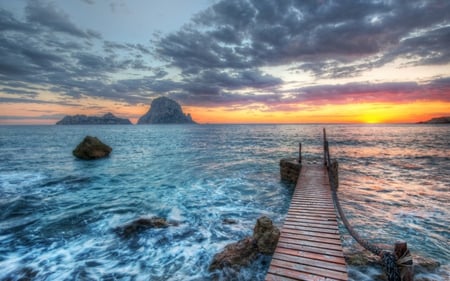 Simply Beautiful - beauty, sky, sun, peaceful, colorful, sunset, rocks, view, reflection, clouds, ocean, landscape, seascape, lovely, waves, nature, pier, blue, beautiful, splendor, colors, sea