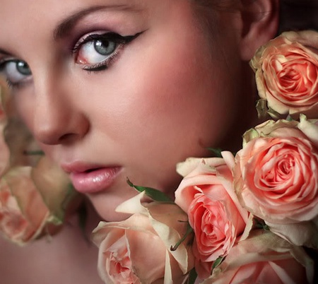 roses - woman, face, roses, pink