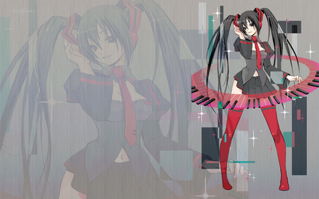 Vocaloid - red eyes, hatsune miku, long hair, keyboard