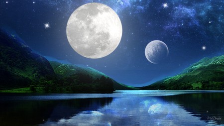 Sky Over Water - moon, beauty, lake, planets, sky, stars, mountains, nature, cerulean, reflection, blue, firefox persona