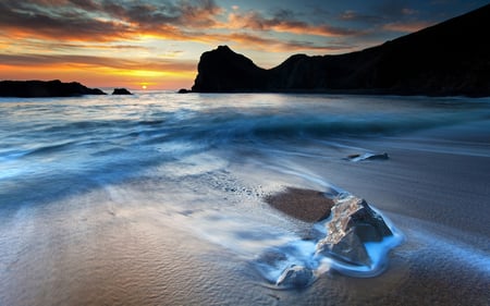 Sunset-HDR - pretty, blue, beach, landscape, sand, shore, hdr, nice, sky, sun, clouds, water, beautiful, photography, sea, lovely, cool, ocean, stones, sunset, waves, seascape, rocks