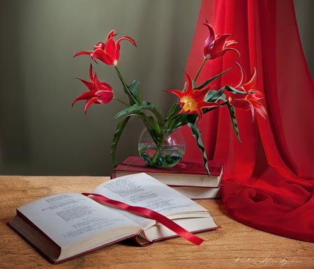 still life - nice, photography, tulips, bouquet, still life, cool, pretty, harmony, lovely, gentle, vase, beautiful, red, books, tulip, flowers, photo, elegantly, flower