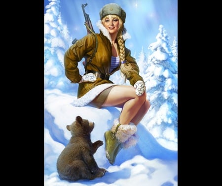 Russian Beauty - beauty, soldier, abstract, girl, bear, winter, wallpaper, fantasy