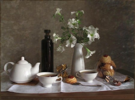 still life - flower, beautiful, bouquet, vase, harmony, cakes, candy, white, tea, elegantly, photography, gentle, drink, pretty, cool, flowers, photo, still life, nice, lovely, biscuits, cups, jug