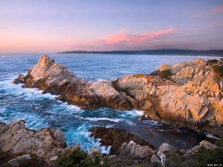 Rocks on the sea - blue water, sky, pink clouds, breack, sea, rocks, waves