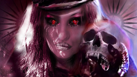 possesing this war - woman, skull, eyes, light, fantasy, weird, purple, war, red