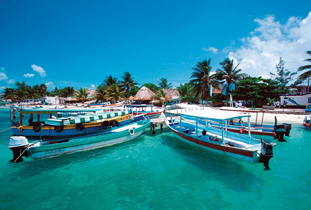 Wharf - sky, boats, turquoise water, deck, cabins, wharf, cottages, clouds, palmtrees