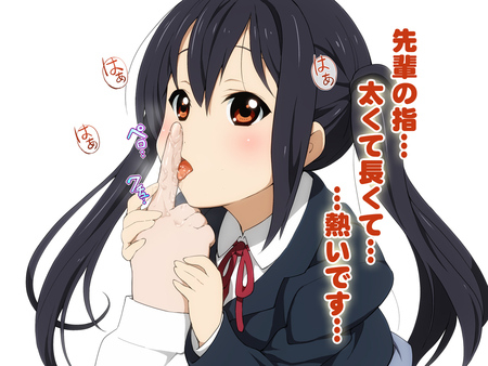 k-on! - twintails white, karada asobi, nakano azusa, k-on, brown eyes, long hair, blush, black hair