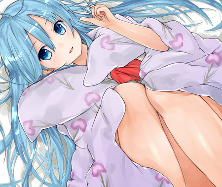 Denpa Onna To Seishun Otoko - touwa eri, blue hair, futon, blue eyes, long hair, blush