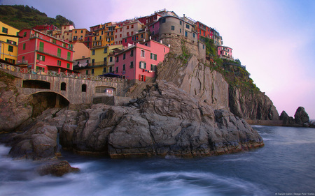 Manarola, Italy - rocky, beautiful, red, sea, ocean, houses, italy, pink