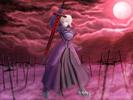 Saber Alter - moon, yellow eyes, saber, swords, long hair, saber alter, mist, fate stay night, blonde hair, full moon, armour, clouds, anime, weapon