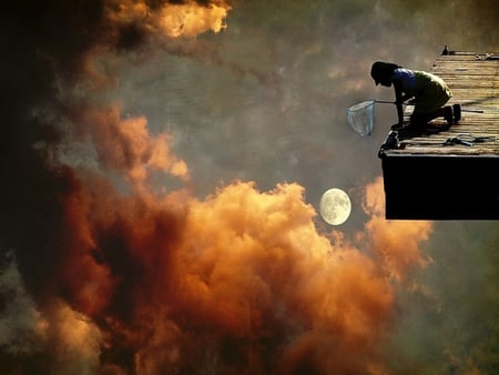 Catch the Moon - butterflynet, clouds, moon, fantasy, fishing