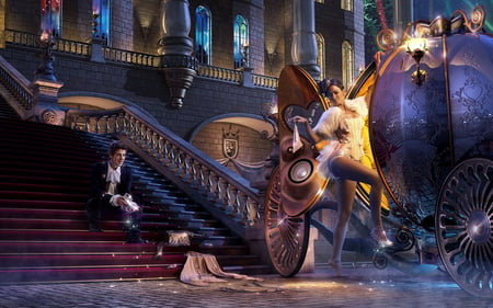 Sexy Cinderella - woman, stairs, princess, female, fairytale, artwork, man, castle, prince