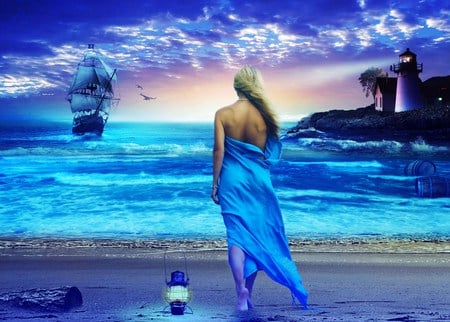 Waiting For... - abstract, house, female, lighthouse, blue, ship, blue dress, blonde, sea, ocean, light, woman, sky