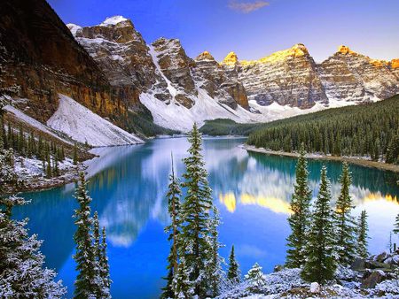 Still Lake - trees, water, blue, beautiful, snow, forest, mountain, tree, nature, lake, mountains, sky