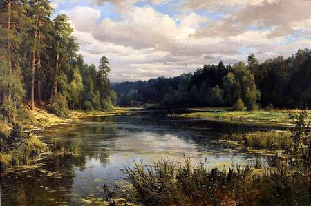 Ð¡ÐµÑ€Ð³ÐµÐ¹ Ð‘Ð°ÑÐ¾Ð² - cloud, forest, river, painting, art