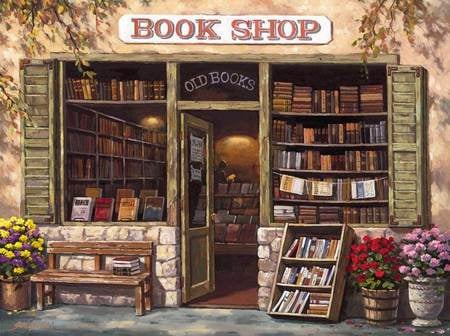 Sung Kim. Book Shop - library, sung kim, painting, book, flower, art