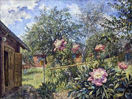 Ð’Ð»Ð°Ð´Ð¸Ð¼Ð¸Ñ€ Ð¢ÐºÐ°Ñ‡ÐµÐ½ÐºÐ¾. ÐŸÐ¸Ð¾Ð½Ñ‹ Ð² Ð¾Ð³Ð¾Ñ€Ð¾Ð´Ðµ Ñƒ Ð±Ð°Ð±ÑƒÑˆÐºÐ¸ - flower, door, tree, painting, art