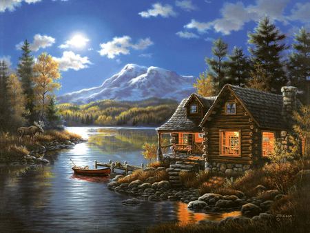 Judy Gibson - cottage, sky, paradise, stream, creek, villa, painting, art, quiet, home, pretty, reflection, calmness, evening, clouds, river, house, tree, dusk, boat, mountain, light, summer, serenity, nature, glow, judy gibson