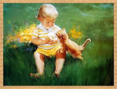 Learning to share - ice cream, flowers, boy, kitten sharing, grass