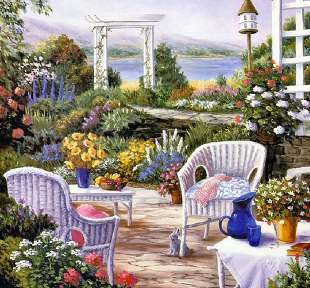 Janet Kruskamp. - beautiful, terrace, flower, janet kruskamp, chair, painting, garden, fruit, art