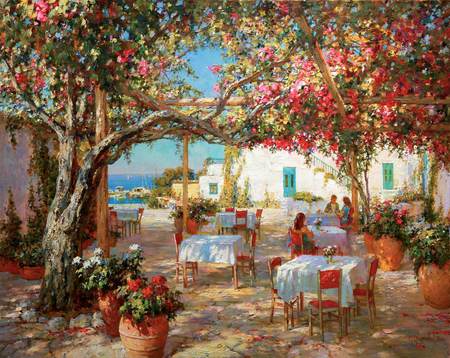 Ð®Ñ€Ð¸Ð¹ ÐžÐ±ÑƒÑ…Ð¾Ð²ÑÐºÐ¸Ð¹. ÐšÐ°Ñ„Ðµ Ñƒ Ð¼Ð¾Ñ€Ñ - painting, chair, art, people, terrace, tree, garden, flower