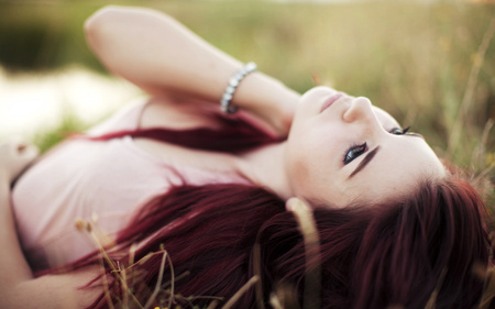 Daydreamer - people, beautiful, red, models, field, hair