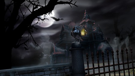 House of Darkness - house, raven, night, fence, haunted, firefox persona, tree, dark, bats, halloween, full moon