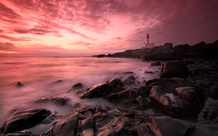 Lighthouse - splendor, view, sky, clouds, lighthouse, beautiful, sea, beauty, colors, lovely, architecture, ocean, nature, sunset, waves, peaceful, rocks