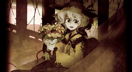 Happy Koishi with flowers - pretty, anime, female, girl, sepia, happy, flowers, touhou, komeiji koishi, cute