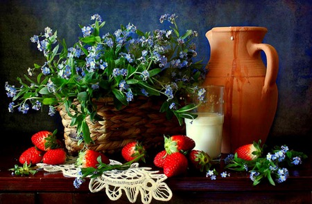 Strawberries And Cream - lace scarf, flowers, strawberries, pitcher, basket, fruit, still life, glass