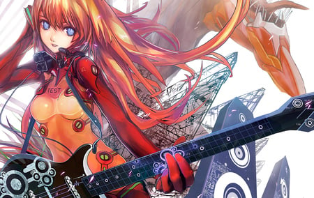 Rock on - anime girl, beautiful, hot, beauty, long hair, red hair, guitar, instrument, plugsuit, mecha, lin, cute, neon genesis evangelion, soryu asuka, sexy, blue eyes