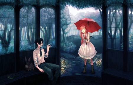 waiting in the shelter - trees, girl, peaceful, rain, waving, bootswhite dress, bat monster, dark, smiles, pink umbrella, anime, cute, misty, guy