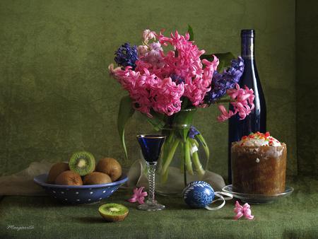 still life - pretty, photo, easter, flowers, holiday, fruit, nice, dessert, egg, kiwi, vase, bread, hyacinths, bottle, water, beautiful, photography, lovely, cool, still life, flower, bouquet, drink, harmony, hyacinth, alcohol, cup