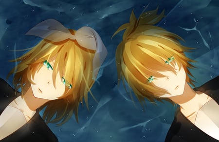 Vocaloid - rin, blonde hair, wet, len, blue eyes