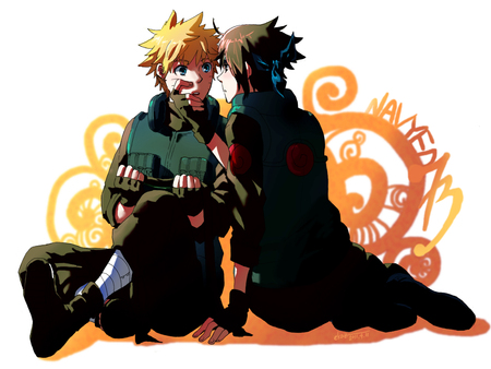 naruto - green jeans, sasuke, yelow hair, naruto, green, blue eyes