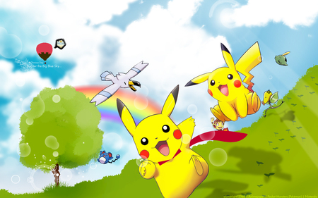 Under the big blue sky - wingull, pikachu, meowth, merril, sky, rainbow, bellsprout, pokemon, gulpin, chimchar