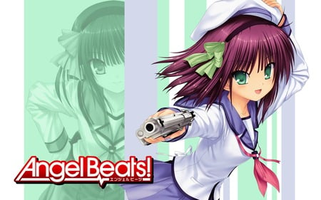 Nakamura Yuri - school uniform, gun, shot hair, hat, angel beats, nakamura yuri, purple hair