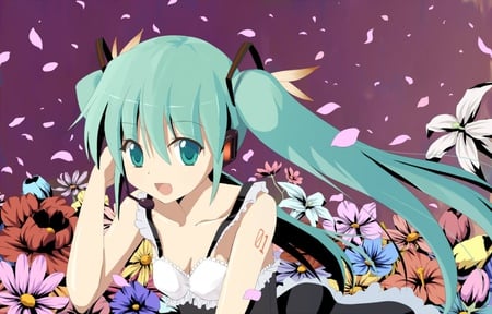 Hatsune Miku - aqua, headset, colorful, music, anime girl, white, art, purple, yellow, cool, petals, aqua eyes, artistic, hatsune miku, rainbow, song, vocaloids, program, vocaloid, beautiful, pink, diva, nice, beauty, twintail, singer, aqua hair, black, virtual, pretty, idol, anime, miku, cute, girl, cg, hatsune, microphone, headphones, flowers, digital, awesome