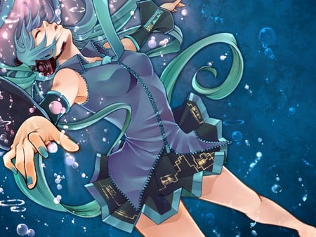 Hatsune Miku - Deep Sea Girl - aqua, headset, thighhighs, music, anime girl, white, art, cool, petals, artistic, hatsune miku, skirt, deep sea girl, song, vocaloids, program, vocaloid, beautiful, pink, uniform, sea, diva, beauty, nice, water, twintail, singer, black, virtual, pretty, idol, anime, miku, cute, ocean, girl, cg, hatsune, microphone, headphones, tie, flowers, digital, awesome