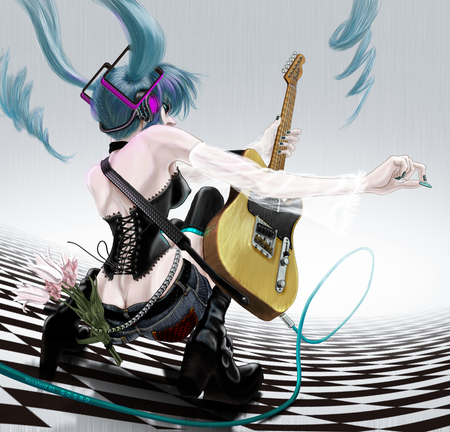 Vocaloid - aqua, guitar, vocaloid, anime, checkered floor