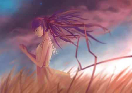 Hatsune Miku - horizon, music, sunset, anime girl, field, meadow, white, art, purple, cool, artistic, hatsune miku, song, purple hair, dream, sakura miku, vocaloids, program, sakura, vocaloid, pink, beautiful, hope, diva, realistic, beauty, nice, sky, twintail, singer, virtual, painting, brown, pretty, idol, clouds, anime, miku, purple eyes, cute, girl, realism, cg, hatsune, real, star, awesome, digital