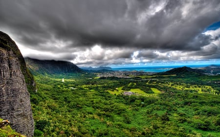 Landscape - storm, clouds, trees, landscape, sea, grass, ocean, village, nature, view, green, mountains, sky