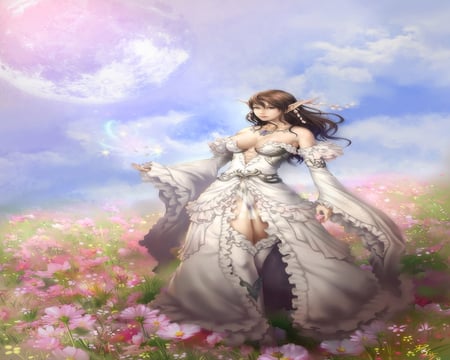 Beautiful of Elf Spring - magic, female, spring, flowers, big breasts, sky, moon, beautiful of elf spring, anime girl, cherry blossom, beautiful, sunshine, white dress, elf, cloud, rose, thigh highs