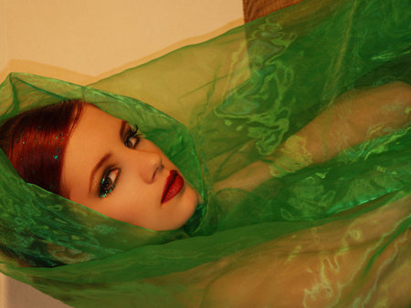 Beautiful Red Head - female, woman, beautiful, green tulle, model, red head